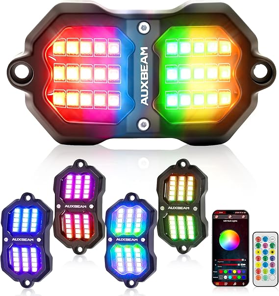 Auxbeam 8 Pods RGB LED Rock Lights with Brake Mode Wheel Well Lights w/Bluetooth APP+Remote Control Music Voice Sync Waterproof Dynamic Color Changing