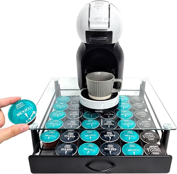 Coffee Pod Drawer for Dolce Gusto Capsule, Coffee Pod Storage for Dolce Gusto Pod Holder, Coffee Capsule Holder for Dolce Gusto, Tempered Glass Top and Metal Frame, Store 36 Capsules, Black