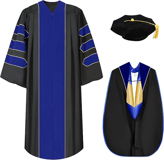 Deluxe Doctoral Graduation Gown Hood with Gold Piping and Tam