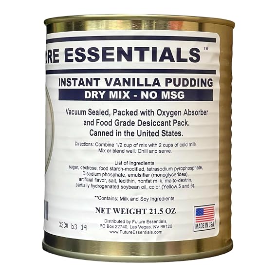 Future Essentials Instant Vanilla Pudding Mix #2.5 Can 10 Year Shelf Life | Canned Instant Pudding Mix for Emergency Storage 28 Servings, Made in USA, 21.5 oz
