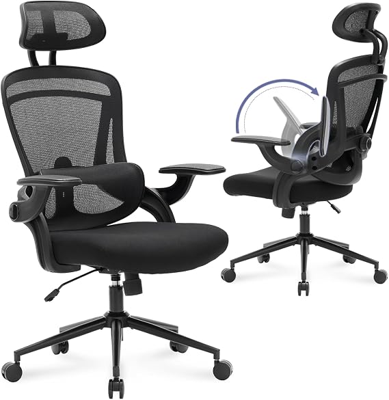 Nouhaus Ergo Fit Ergonomic Mesh Office Chair, High Back Office Chairs Adjustable Lumbar Support, Headrest & Flip-up Armrests, Tile Function, Comfy Desk Chairs Swivel Computer Gaming Chair, Black