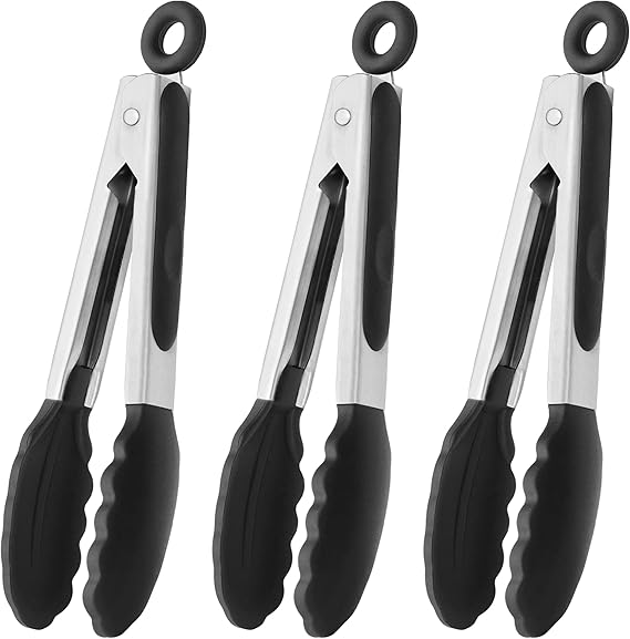 HINMAY Mini Tongs with Silicone Tips 7-Inch Kitchen Tongs, Set of 3 (Black)