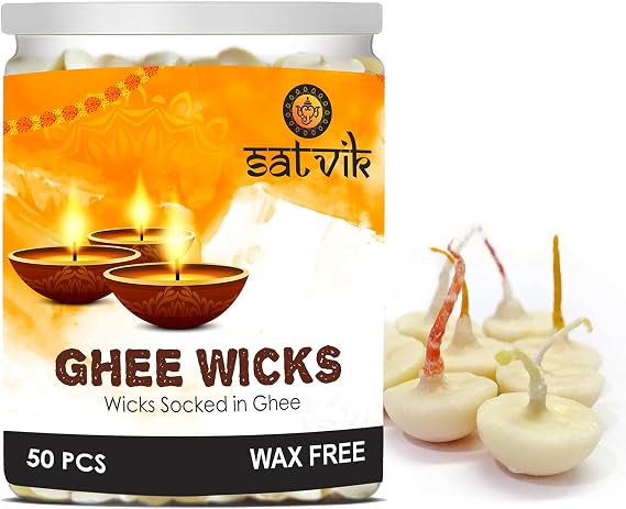 SATVIK Pure Ghee Wicks for Puja Pooja for Home and Mandir. Nitya Pujan Readymade Ghee Jyot Jyoti Pujan Indian Housewarming Return Gift Items Puja Accessories. Diwali Diya Cotton Wicks (50 Pc)
