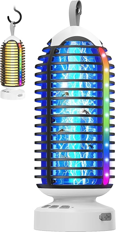 Bug Zapper Outdoor Indoor, Cordless Mosquito Zapper with LED Lights and Marquee Lights, Rechargeable Fly Zapper Outdoor Waterproof for Camping, Patio, Backyard, Garden, Home