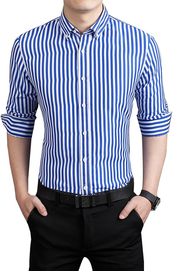 Men's Casual Business Vertical Striped Button Down Long Sleeve Dress Shirts