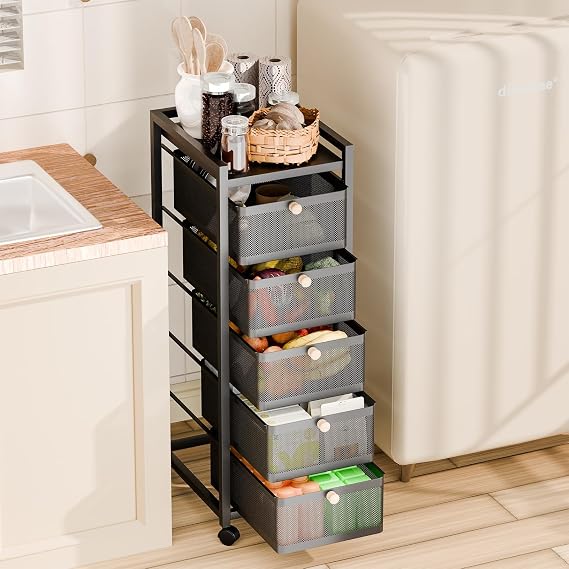 YOXIER Rolling Cart,Kitchen Cart,6-Tier Fruit Vegetable Storage Cart for Kitchen Small Space,Metal Wire Fruit Vegetable Rack Stand with Drawers to Storage Onions Potatoes Cans Snacks for Kitchen Blac