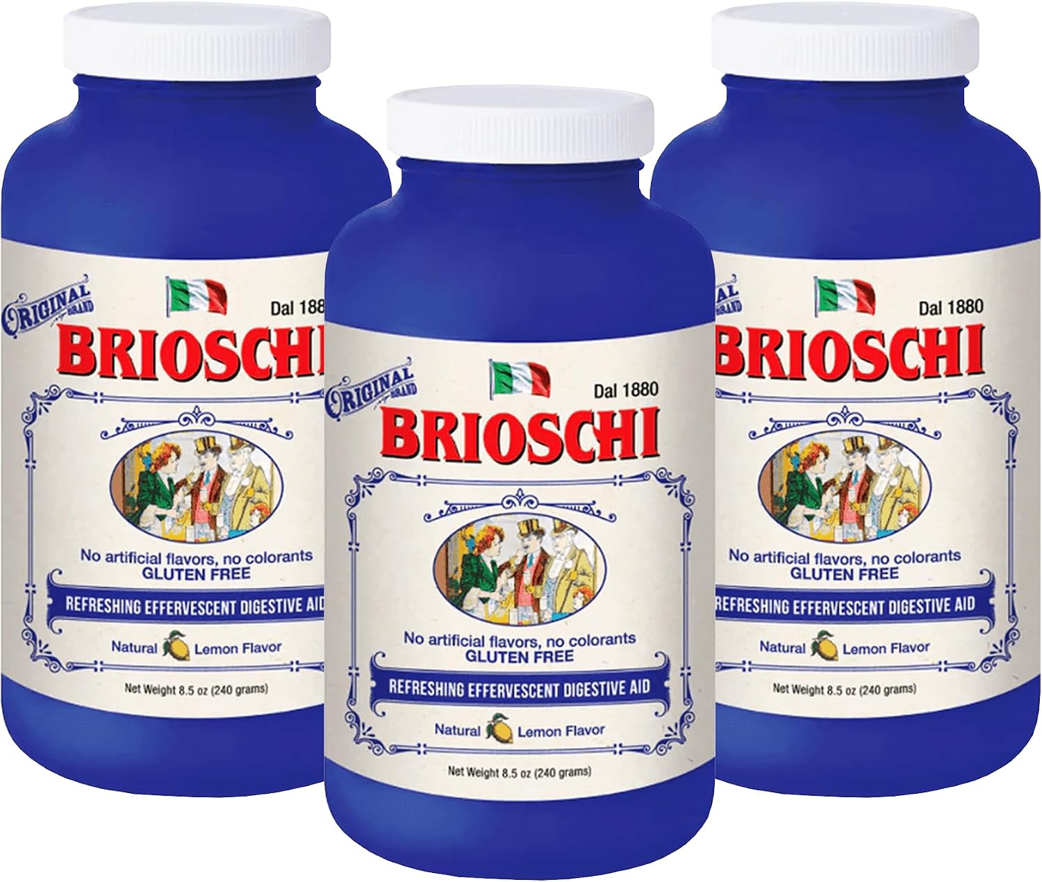 Brioschi Italian Lemon Flavored Effervescent Heartburn, Upset Stomach, Acid Indigestion, 8.5 oz Bottle Pack of 3