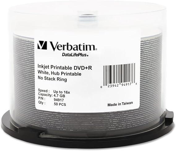 Verbatim DVD+R 4.7GB 16X DataLifePlus White Inkjet Printable, Hub Printable - 50pk Spindle - 94917, White | 4.7GB capacity with 16x speed and Metal Azo dye for data backup, disc duplication and archival storage