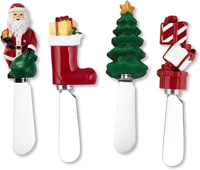 UP UPware Christmas Themed Cheese Spreaders, Hand-Painted Resin Handles with Stainless Steel Blades for Spreading Cream Cheese, Butter, and Jam, Assorted Designs, Set of 4