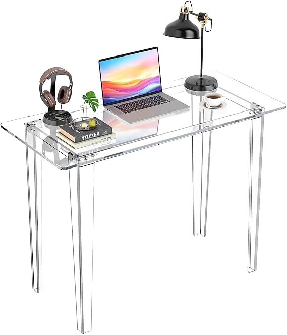 Acrylic Desk - Clear Acrylic Table, Modern Home Office Study Table, Extended Surface Multi-Purpose Console, Sturdy Lightweight Workstation for Small Spaces (Transparent-L)