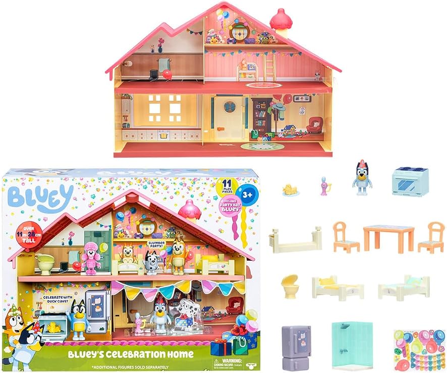 Bluey Celebration Home Playset, Taşınabilir Doğum Günü Partisi Oyun Evi Seti, 11 Aksesuar ve Figür İçeren