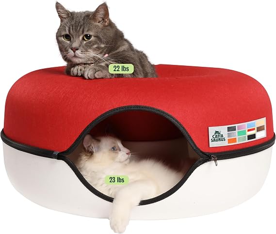 Cattasaurus Peekaboo Cat Cave Donut for Multiple & Large Cats up to 30-45 lbs, 3-in-1 Self Warming Cat Bed, Tunnel & Scratcher for Indoor Cats, Washable & Detachable Dog Bed (Ruby Snowball, Large)