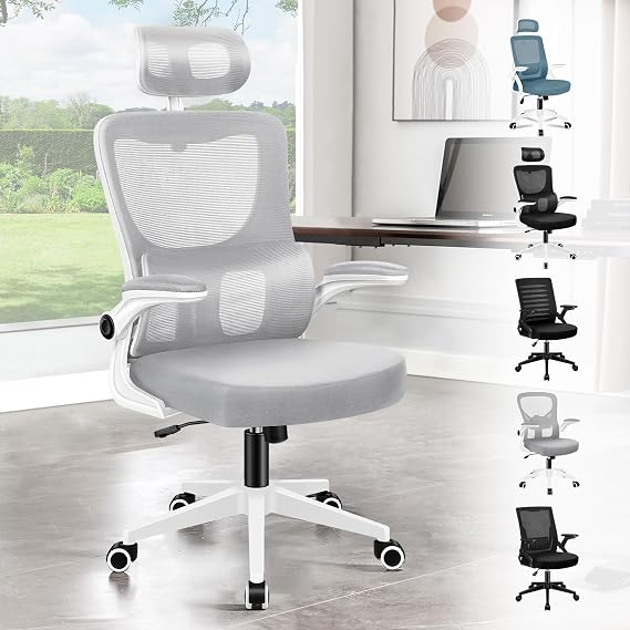 ELFORDSON Ergonomic Office Chair, High Back Computer Chair with Headrest/Dynamic Lumbar Support/Padded Flip-up Armrest, Breathable Mesh Swivel Desk Chairs for Home Office, 120° Rocking, Grey