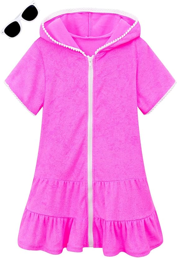 Girls Swim Cover Up Kids Swimsuit Coverup Terry Zip-Up Beach Bathing Suit Wraps with Sunglasses