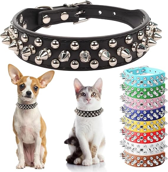 Spiked Dog Collars for Small Dogs, Spike Cat Collar PU Leather Black, XXS