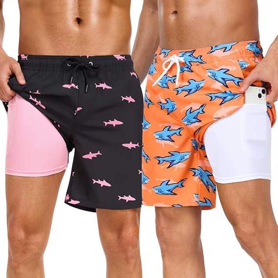 Mens Swim Trunks Board Shorts Compression Liner 7'' Inseam for Men 2 PACK