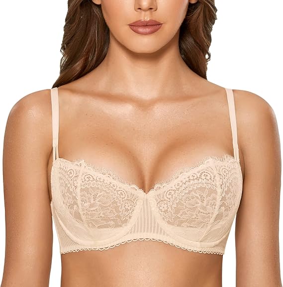 DOBREVA Women's Eyelash Lace Balconette Push Up Bra | Jomarley Lace, Underwire, Double Mesh Layer, X or U Back, Plus Size, See Through