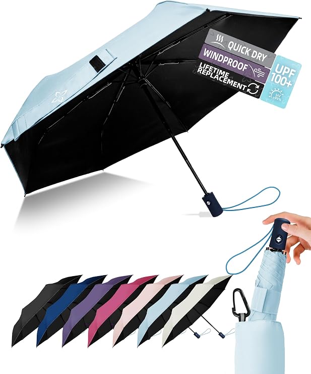 Windproof Travel Umbrella for Rain - 43" Compact Folding Umbrella, Reinforced Strong Frame, Lightweight Portable Parasol with UPF 100+ UV Sun Protection, Cruise Ship Essentials