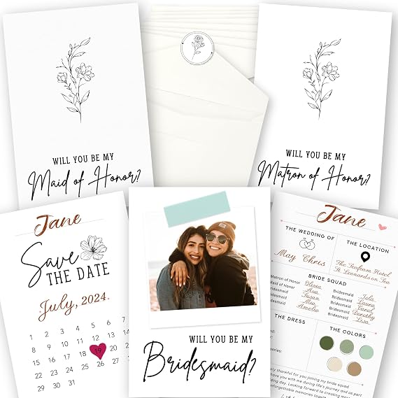 STOFINITY Will You Be My Bridesmaid Card Set, 10 Cards and Stickers | 8 bridesmaid, 1 maid of honor, 1 matron of honor card, envelopes, 4x6 in, photo space on front