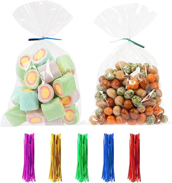 PPRAFDD 100 Pcs 6x10 Inches Cellophane Bags Clear Cellophane Gift Bag with Twist Ties Clear Treat Bags for Bakery,Popcorn,Cookies,Candies,Dessert, Small Gift Party Favors