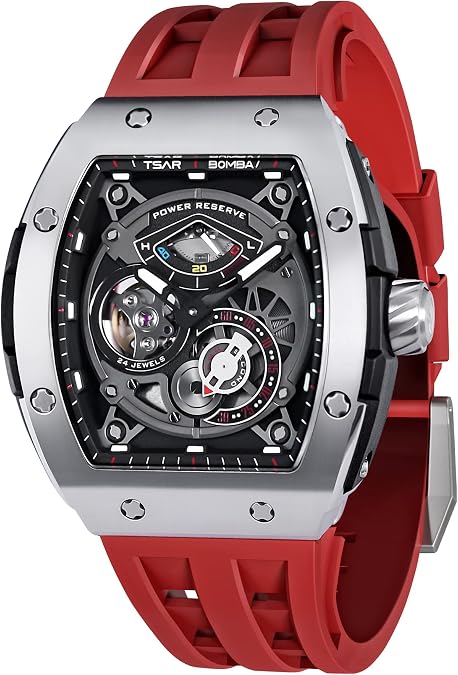 TSAR BOMBA Watches for Men Automatic Mechanical Men's Analog Watch Skeleton Wrist Watch Tonneau Watches Replica Gift Big Face Dial Cool Watch with Luminous Sapphire Crystal Case FKM Rubber Strap