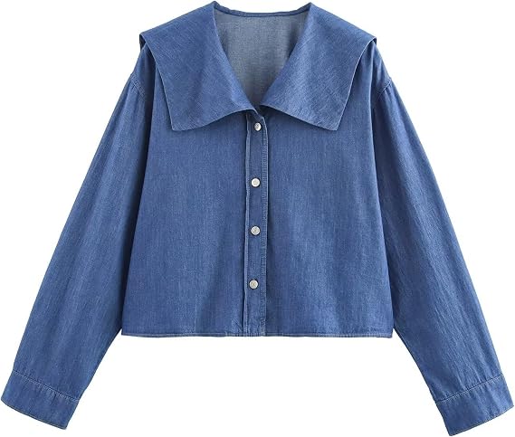 KEOMUD Women's Spring Fall Denim Effect Button Down Shirt, Casual Long Sleeve Blouse Tops for Everyday Outfits