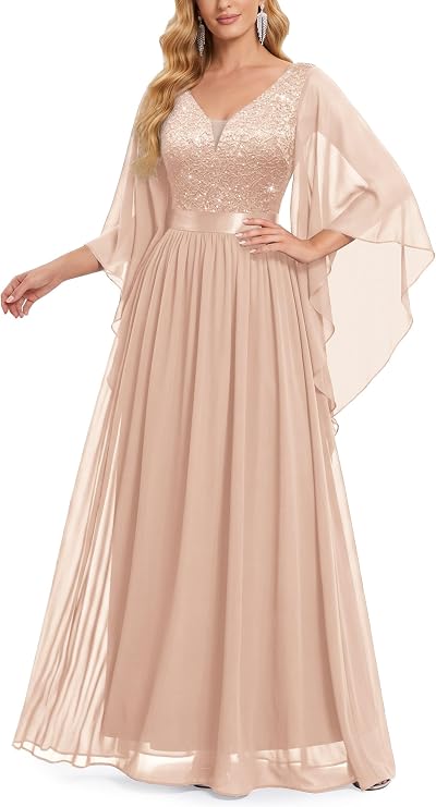 Miusol Women's Deep-V Neck Lace Contrast Sequin Formal Evening Maxi Dress