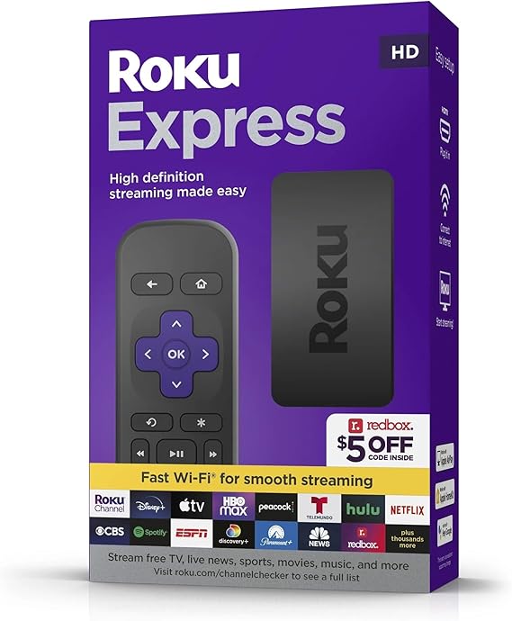 Roku Express (New) HD Streaming Device, with High-Speed HDMI Cable and Simple Remote (no TV Controls), Guided Setup, and Fast Wi-Fi, with MTC HDMI Cable and USB Extension Cord