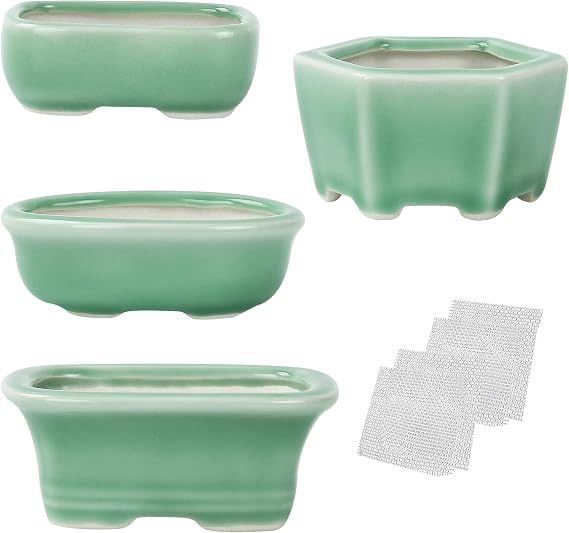 Bonsai Planter Succulent 4pc 3.2-3.9" (8-10cm) Mini Green Pots