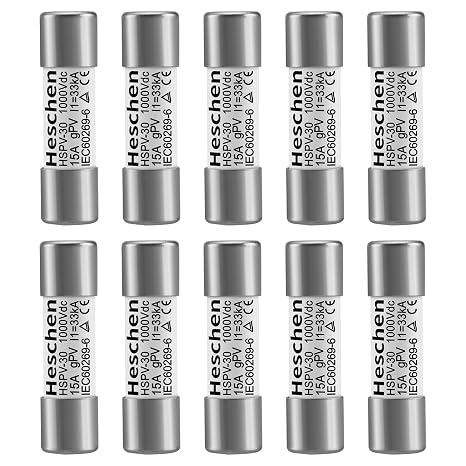 Heschen Solar DC1000V PV Fuse, Photovoltaic Fuses, gPV Type Fuse Link, HSPV-30, 10x38mm, 15A 1000VDC, I1 33kA, for Solar PV System Protection, 10-Pack