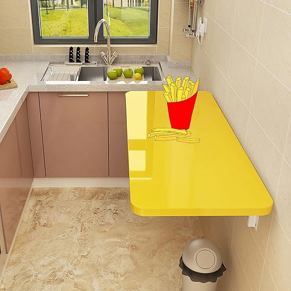 Space-Saving Yellow Wall-Mounted Desk for Home Office, Folding Dining Table, Compact Kitchen Table, 40x30cm/16x12in, Versatile Workstation for Small Spaces
