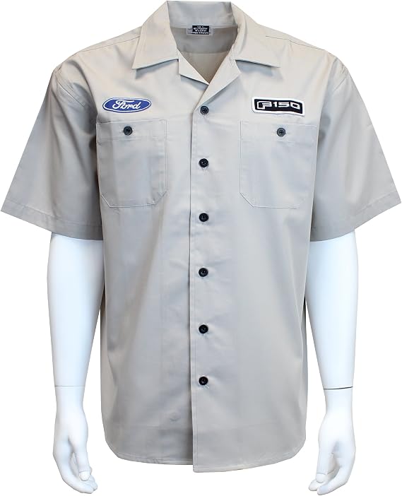 David Carey Ford F-150 Work Shirt Grey Button Up Collared Short Sleeve Mechanic Camp/Club Shirt