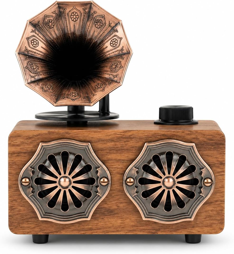 NS-801 Gerçek Ahşap Gramofon Tipi Bluetooth Hoparlör, FM Radyo, USB/TF Kart, Retro Nostaljik Radyo (Açık Ahşap)