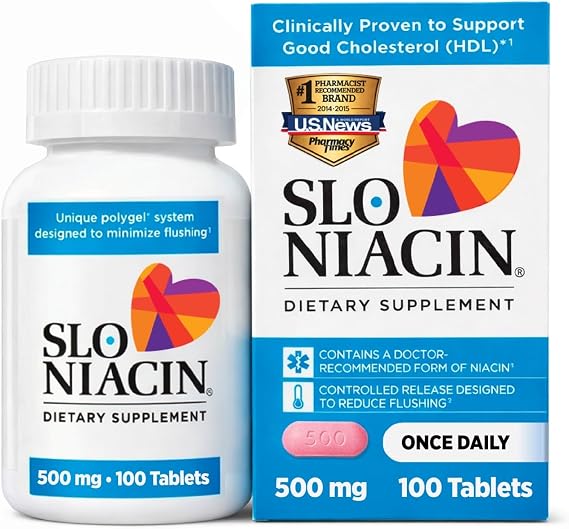 Slo-Niacin Slow Release Niacin 500mg Vitamin B3 Supplement for Heart Wellness Flush-Free B3 Vitamins for Cholesterol & Cardiovascular Support 100 Tablets