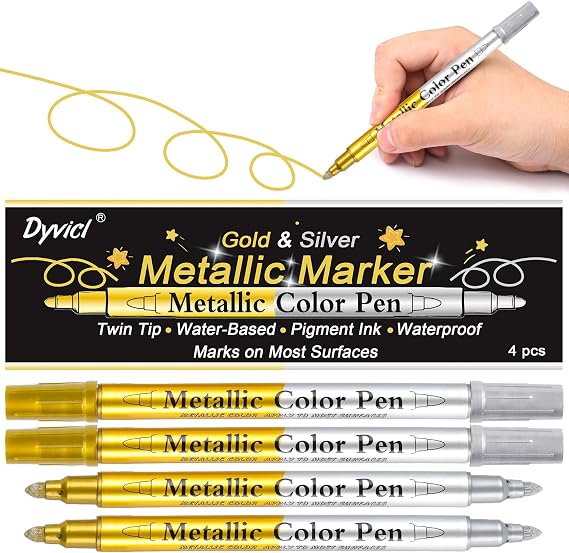 Dyvicl Metallic Marker Pens - 4 Pack Dual Tip Gold & Silver Paint Pens, Permanent Waterproof Markers for Rock Painting, Wine Glass, Scrapbook, Christmas Cards, DIY Crafts