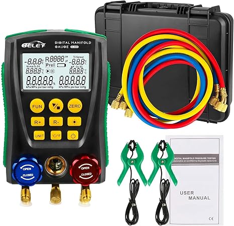 Digital Manifold HVAC Gauge Set 93 Refrigerants Dual Pressure &Temp Test | 2-Way Valve with Temperature Clips and Hoses Vacuum AC Gauges for R1234YF R134A R404A R410A R32 R744(CO2)