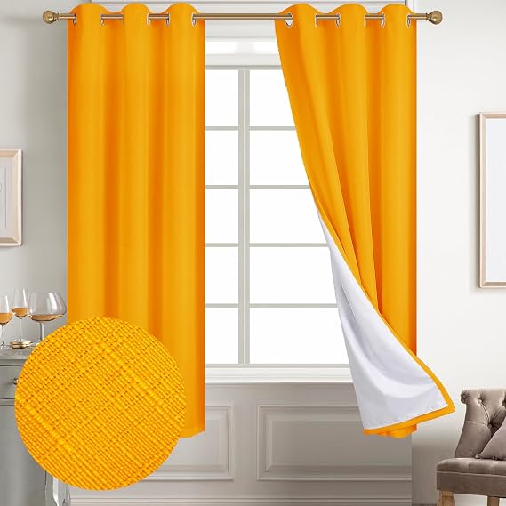 Diraysid 100% Blackout Curtains Yellow Linen Curtains for Bedroom Grommet Thermal Insulated Room Darkening Drapes (2 Panels, W42 x L63 Inch)