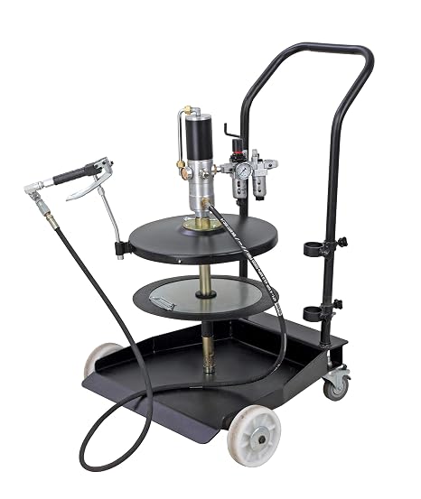 Groz 50:1 Air-Operated Grease Pump Kit for 35 lb Pails / 20-30 kg Drums, Trolley Mounted with Control Valve, 84" Hose, 12" Drum Cover, and Follower Plate (45825)