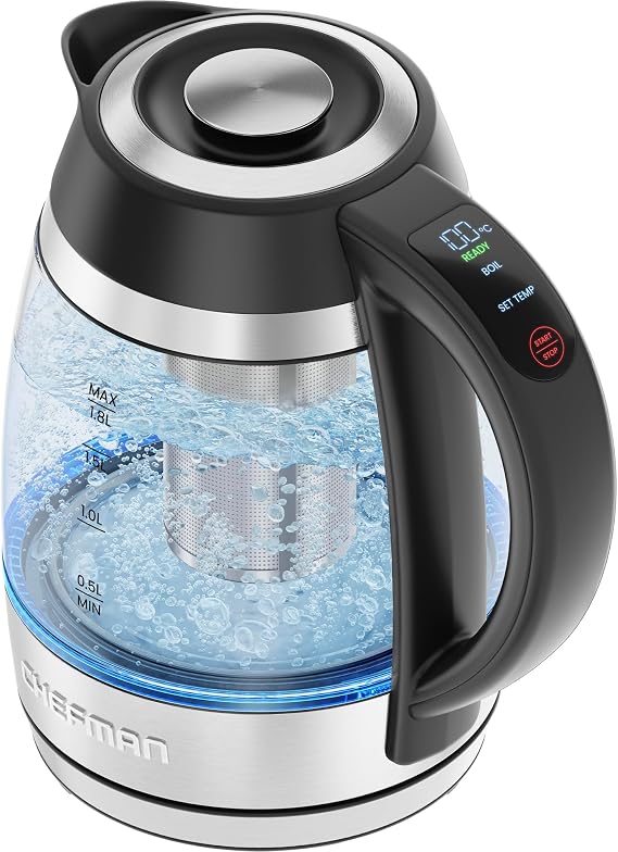 Chefman 1.8L Glass Electric Kettle 1500W, Temperature Control, Fast Boil