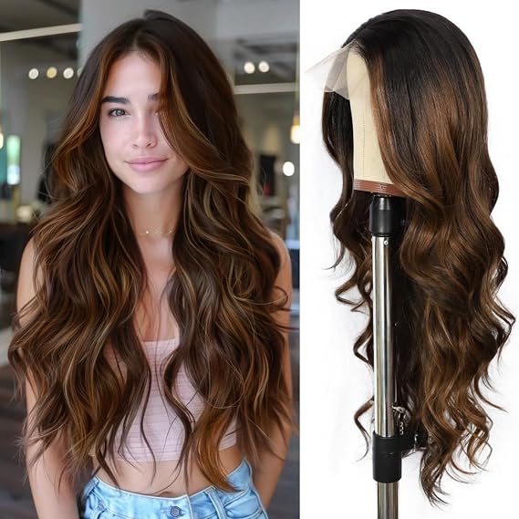 SAPPHIREWIGS 134 Highlight Brown Lace Front Wigs for Women Long Body Wave Glueless Synthetic Wigs with Pre Plucked Hairline for Daily Party Use 26inch