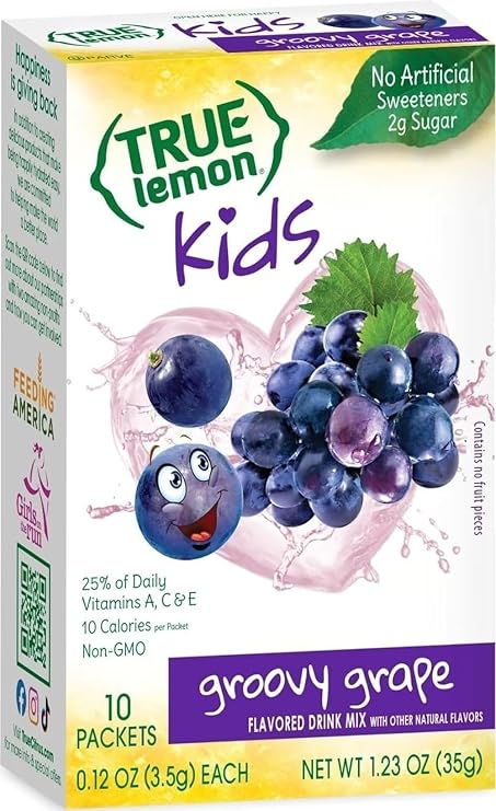 TRUE LEMON KIDS Groovy Grape (10 Packets) for Hydration - No Preservatives, No Artificial Flavors, No Artificial Sweeteners - Low Sugar Water Flavoring - Powdered Drink Mix for Kids