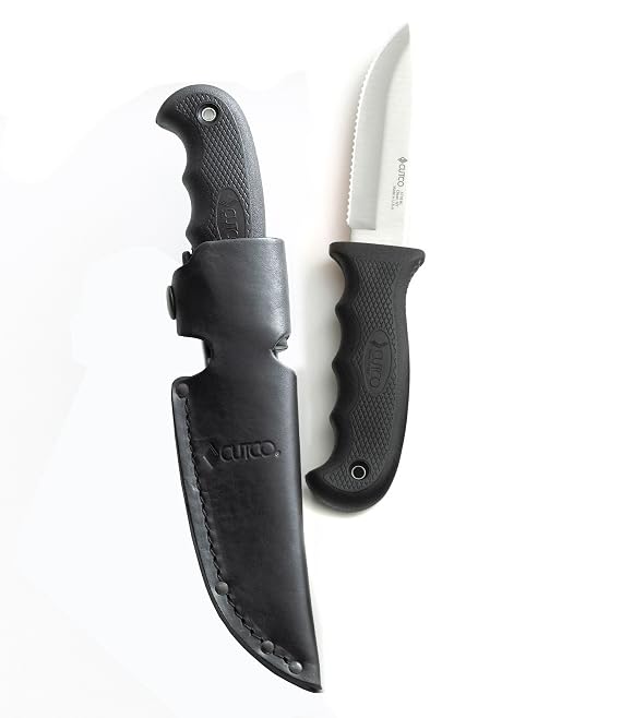 CUTCO Model 5718 Black Drop Point Knife with Double-D serrated edge blade .................. Leather sheath and lanyard included.