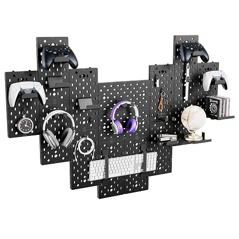 PEGZONE Controller and Headphone Holder Wall Mount, 14pcs, Black | Modular Gaming Pegboard with Accessories, Controller Stand, Disc Shelf Organizer