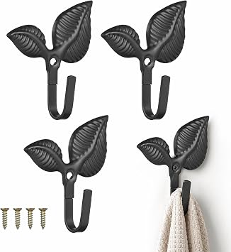 4pcs Leaf Coat Hooks Decorative Vintage Rustic Cast Iron Wall Mounted Hanger for Clothes Hats Scarf Towels Keys Living Room Bathroom Kitchen Bedroom Mudroom Farmhouse Black Heavy Duty Organizers