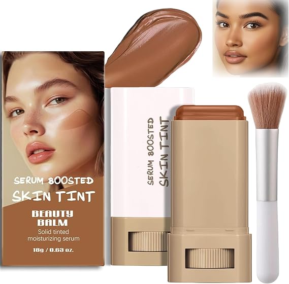 Hydrating Skin Tint Stick Foundation with Brush – Portable Moisturizing Makeup Balm with Buildable Coverage, Full Face Concealer & Contour, Lightweight Radiant Glow Korean Beauty (#3 Caramel)