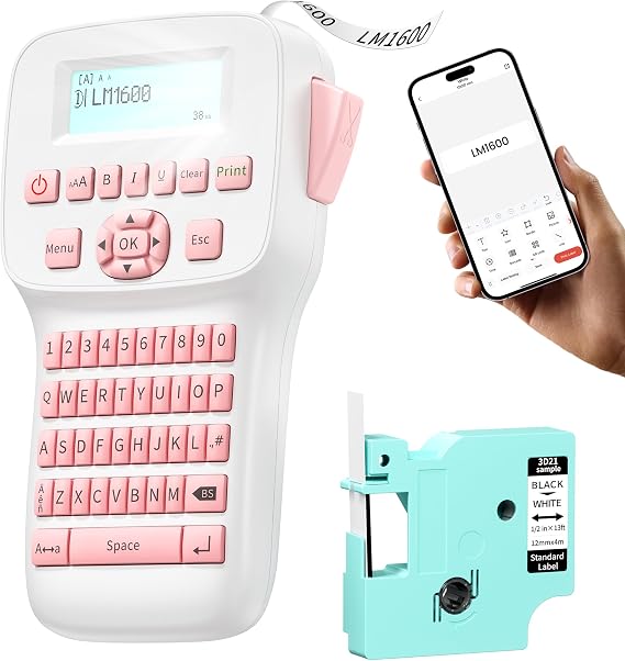 Pink Label Maker Handheld, Rechargeable Label Maker Waterproof-Labels, Bluetooth Labeler Machine with Keyboard, Backlit Display, Multiple Symbol Icon Templates for Home Office Organization, LM1600