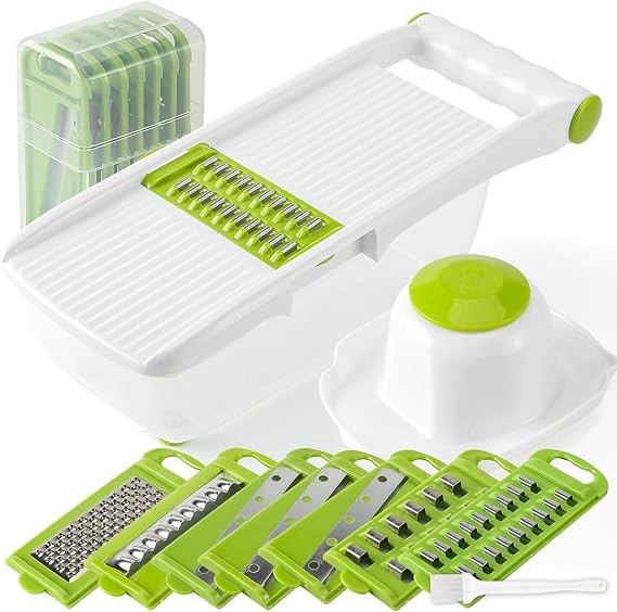 AUNEK Mandoline Vegetable Slicer, Multi Function Mandolin Food Slicer with 8 Interchangeable Stainless Steel Blades, Safety Hand Guard &