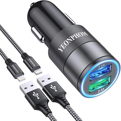iPhone Car Charger[Apple MFi Certified] Compatible for iPhone 13 14 12 ProMini11 Pro MaxXS MaxXRX8766S Plus5S5CSE, 2.4A Dual USB Fast Car Phone Charger Adapter with 2x3ft Lightning Cable