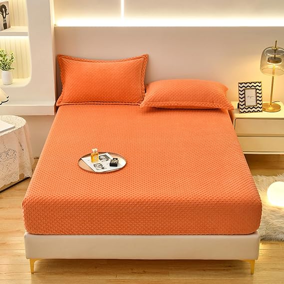 ZIQINPSQ Coral Velvet Fitted Sheet-Thickened Cold-Resistant and Warm Bed Sheets-Soft Velvet Fleece Fitted Sheets with-Elastic All Around. (Orange, Twin XL)