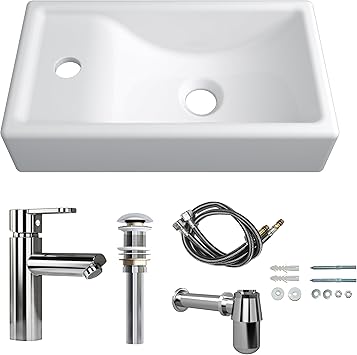 MEJE 16-Inch Wall Hung Basin Sink Combo, Small Cloakroom Basin, Rectangle Ceramic Bathroom Wash Basin - Left Hand Sink Set Include Faucet
